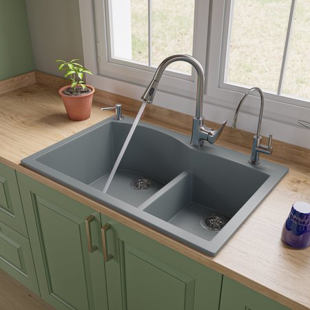 ALFI BRAND Titanium 33" Dbl Bowl Drop In Granite Composite Kitchen Sink AB3320DI-T